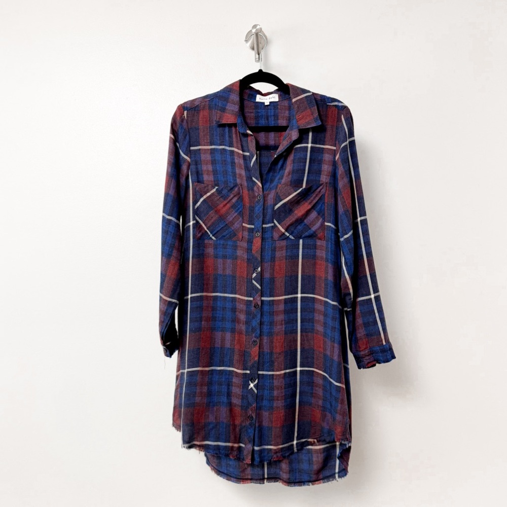 Revolve‎ Bella Dahl Plaid Flannel Winter Chic Shirt Dress Fray Red Blue Small - Picture 2 of 10